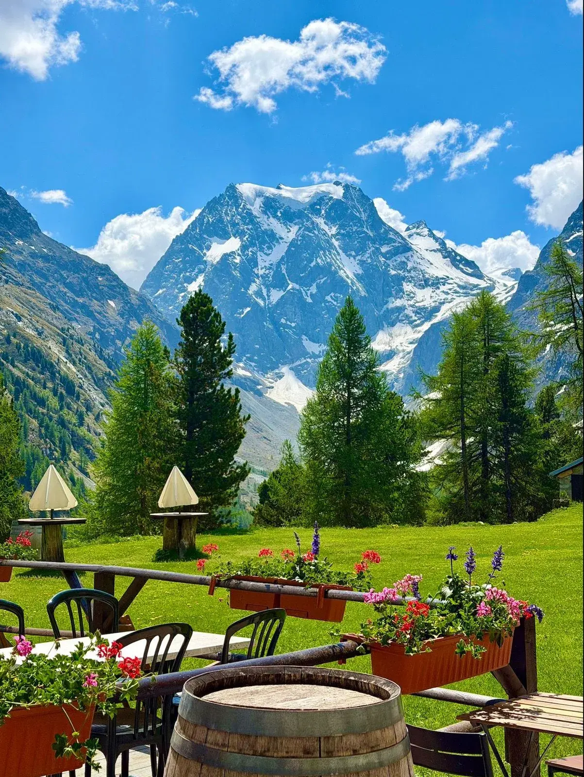 La terrasse de l'hôtel avec vue sur le Mont-Collon enneigé — Le Jardin des Arolles, Grand Hôtel & Kurhaus Arolla