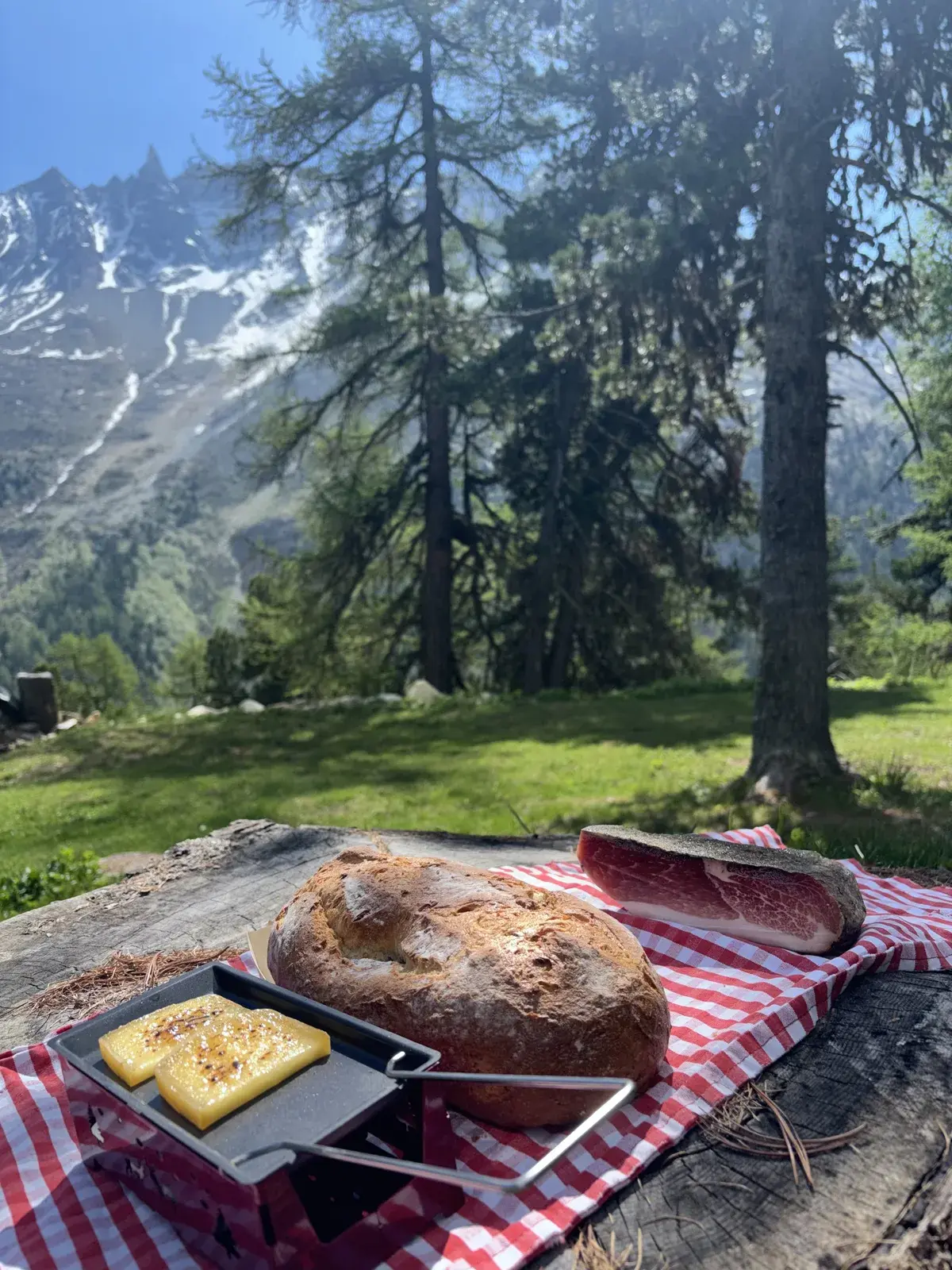 Kit raclonnette dressé sur une souche, fromage fondu et viande séchée face aux glaciers — Arolla