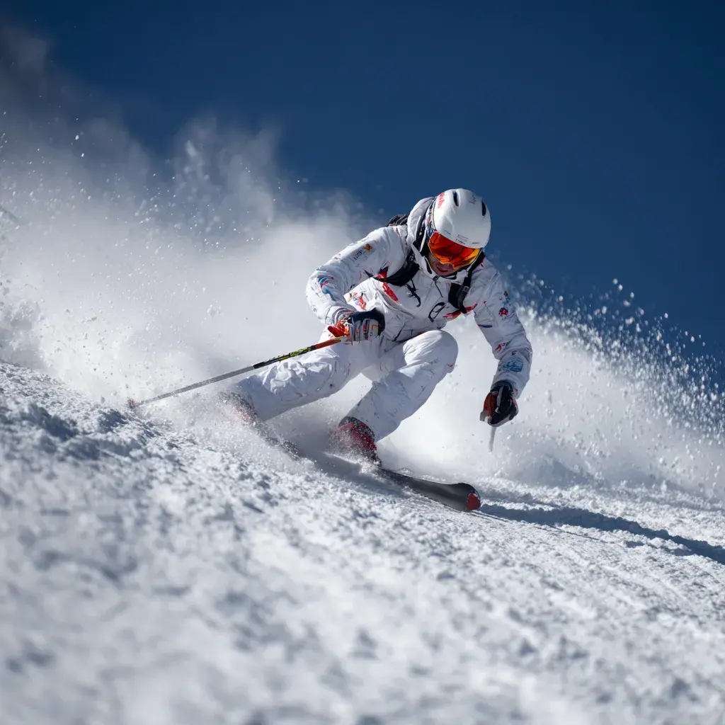A skier on an Arolla piste facing the snow-covered summits